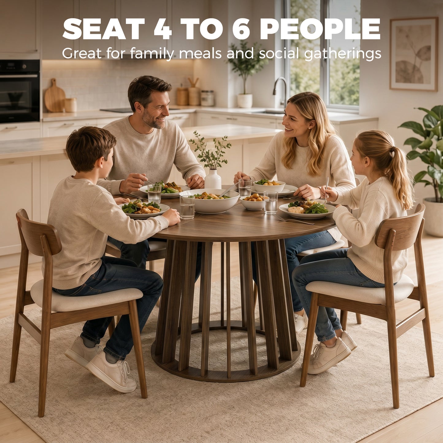HOMCOM Round Dining Table 120 Cm for 4 To 6 People with Slatted Base Light Walnut Kitchen Table