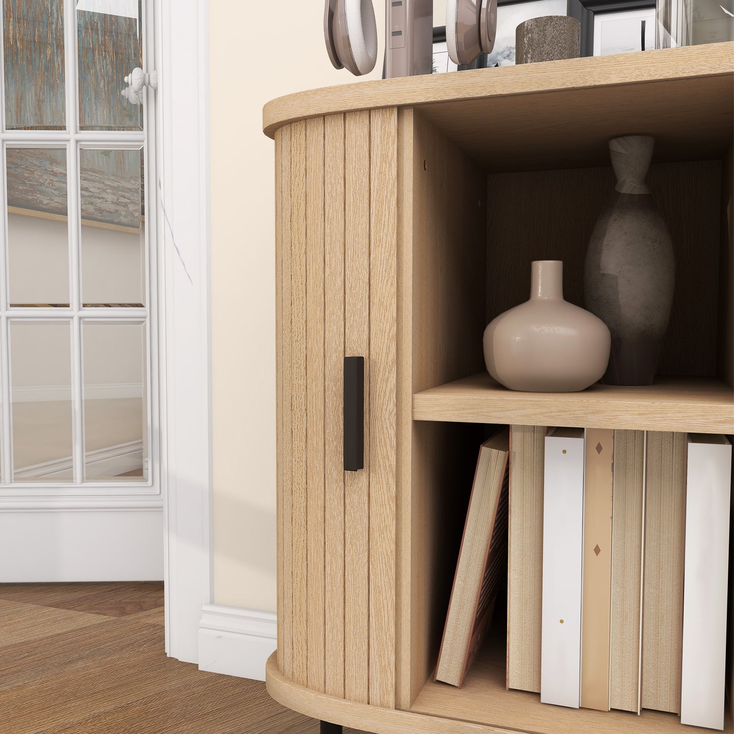 HOMCOM Mid Century Modern Sideboard Storage Cabinet With Slatted Tambour Sliding Doors Oak Tone