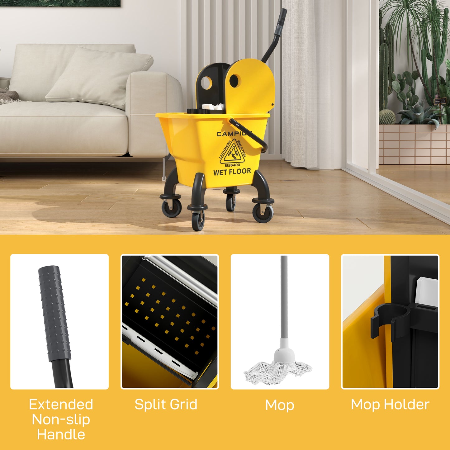 HOMCOM 26 Litre Mop Bucket With Wringer And Mop Yellow For Efficient Floor Cleaning