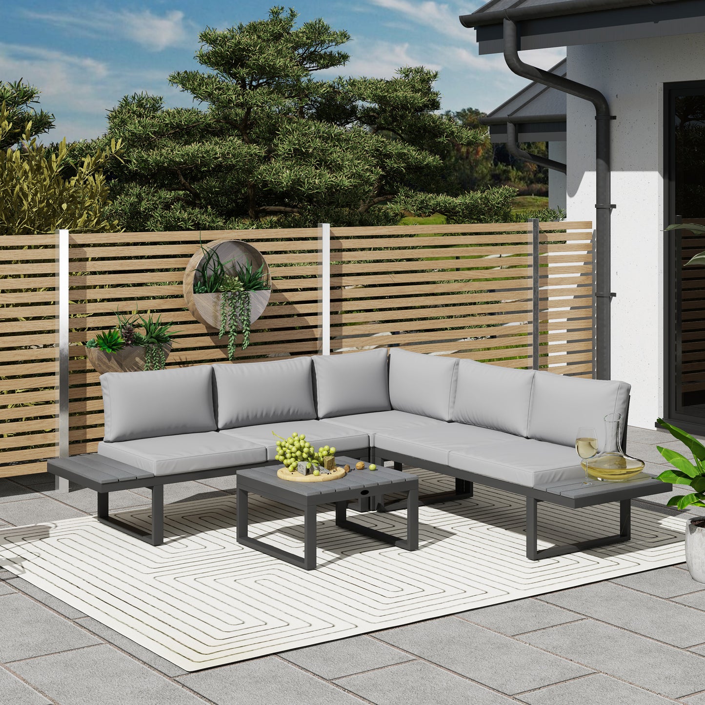 Outsunny 4 Piece Set With 5 Level Reclining Corner Sofa Cushions Wood Effect Table Black Frame Light Grey