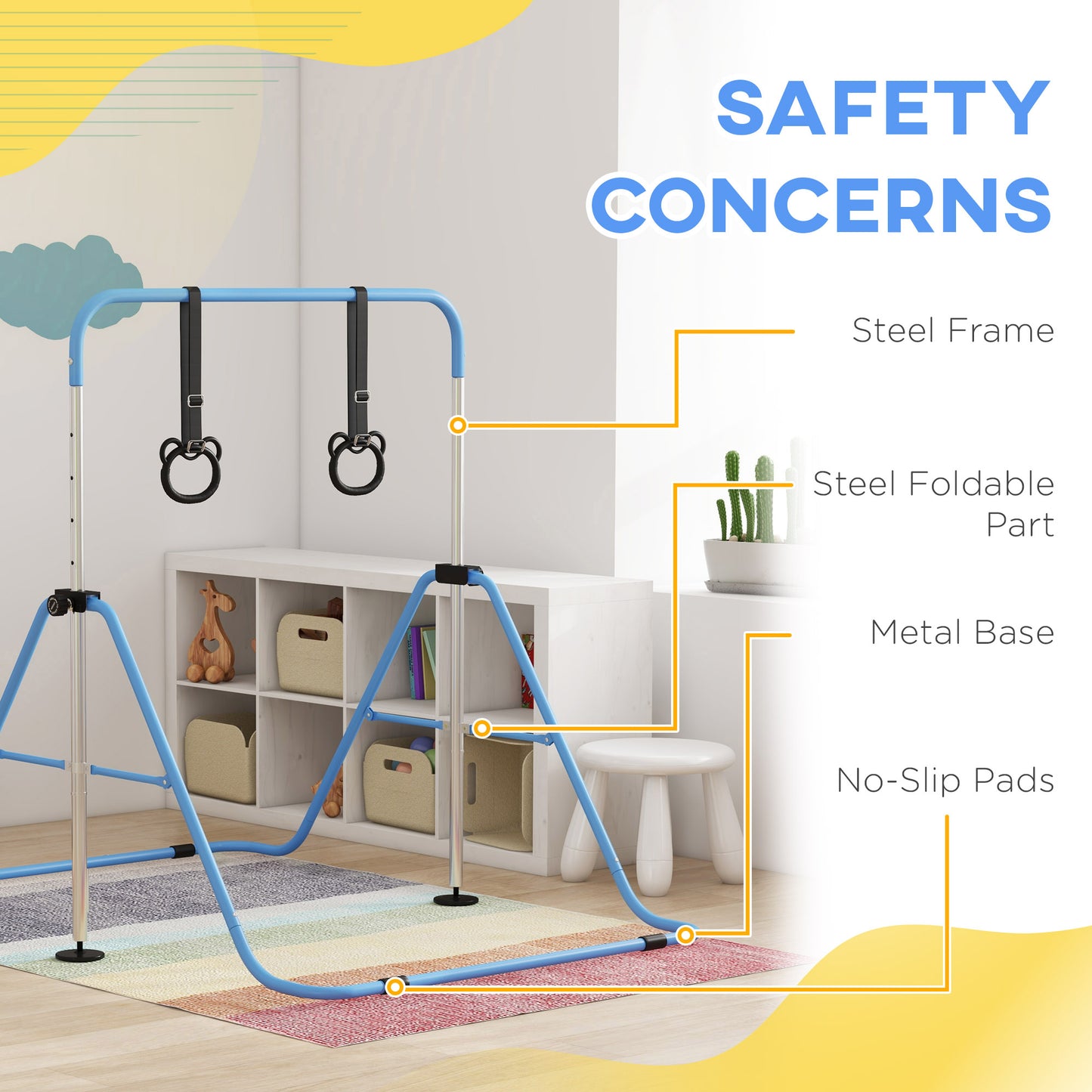 HOMCOM Height-Adjustable Foldable Gymnastics Bar for Kids with Non-Slip Mats, Blue, Ages 3+ - ALL4U RETAILER LTD