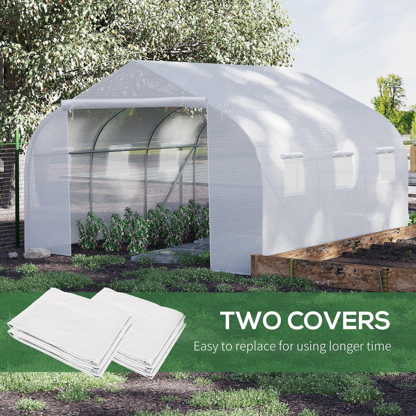 Outsunny Walk-In Tunnel Greenhouse with Replacement Cover, Outdoor Growhouse with PE Cover, Roll Up Door and 6 Windows, 4.5 x 3 x 2 m, White - ALL4U RETAILER LTD