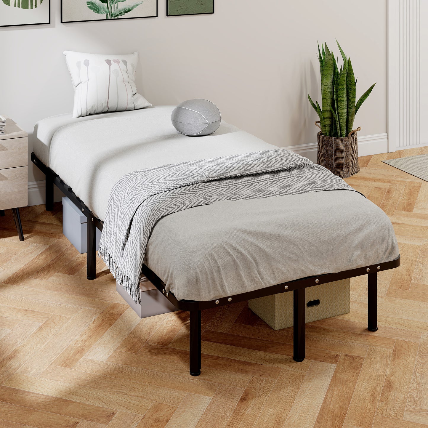 HOMCOM 3ft Single Metal Platform Bed Frame With 2 X 14 Wood Slats No Box Spring Needed Underbed Storage Black