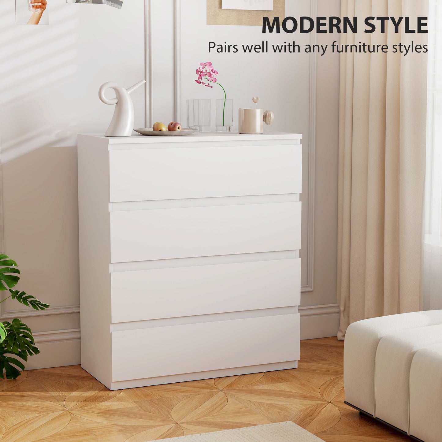 HOMCOM Four Drawer Chest White For Bedroom Storage With Flat Top Display Surface