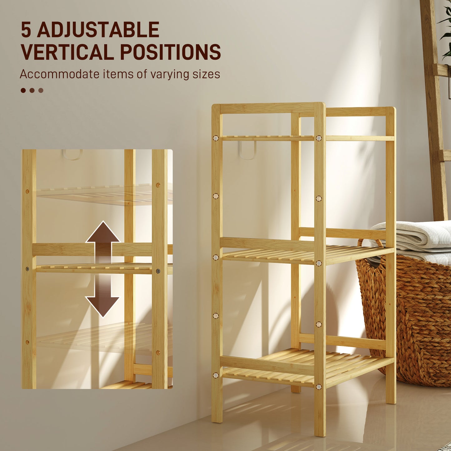 Homcom Three Tier Bamboo Adjustable Shelf Storage Unit Bathroom Moisture Resistant Organizer