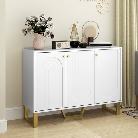 HOMCOM 3 Door Sideboard Storage Cabinet White With Adjustable Shelves Arched Doors And Gold Accents