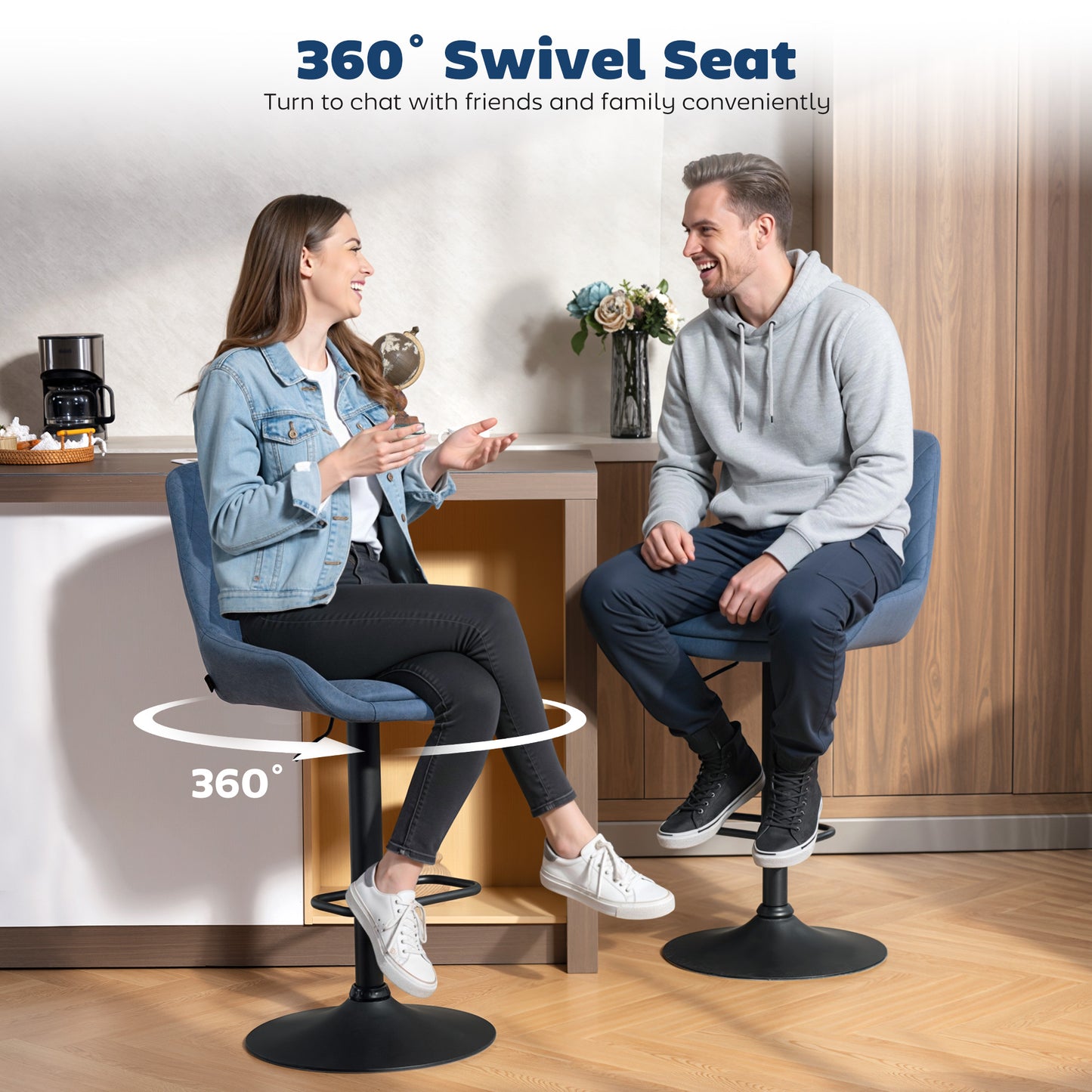 HOMCOM Set of Two Faux Leather Retro Bar Stools With Adjustable Height 63 to 83 Cm Metal Base Dark Blue