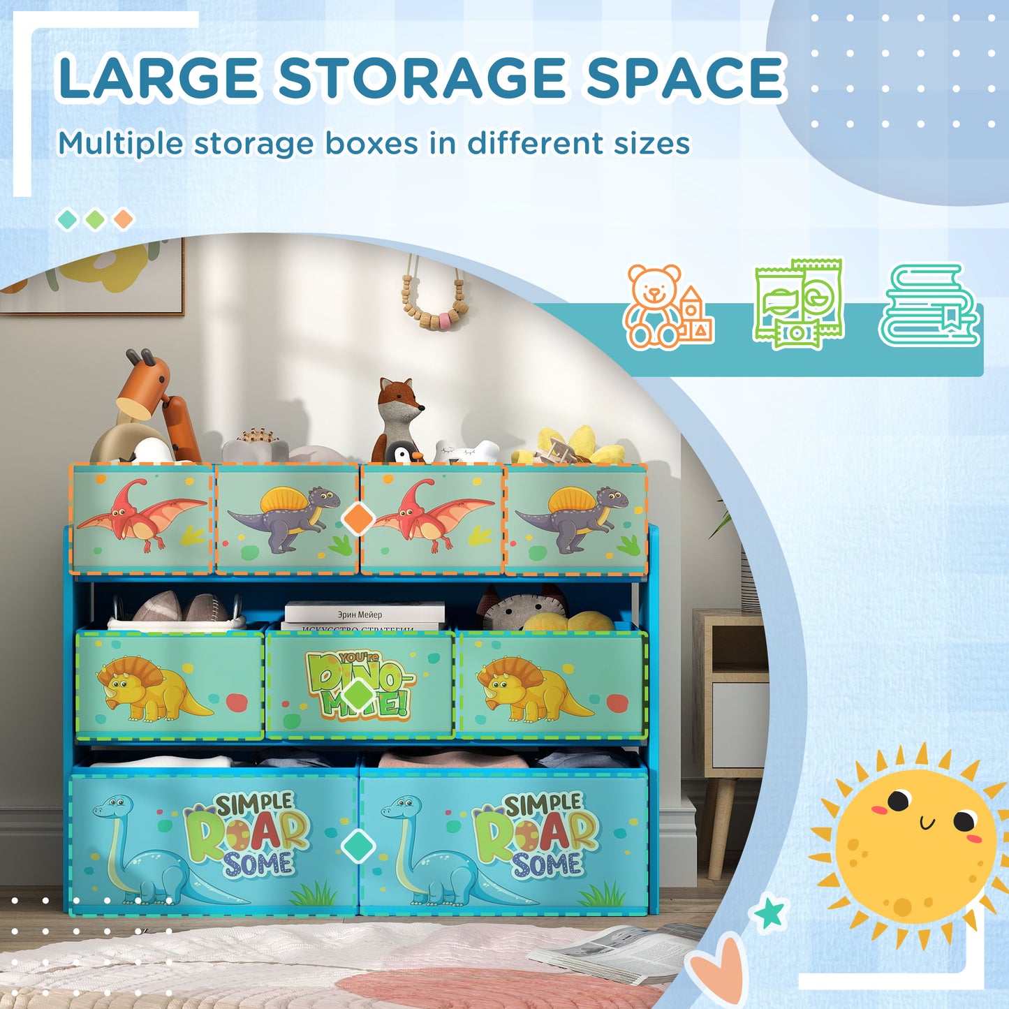 AIYAPLAY 3 Tier Kids Storage Unit With 9 Non Woven Fabric Boxes For Toys And Books In Blue