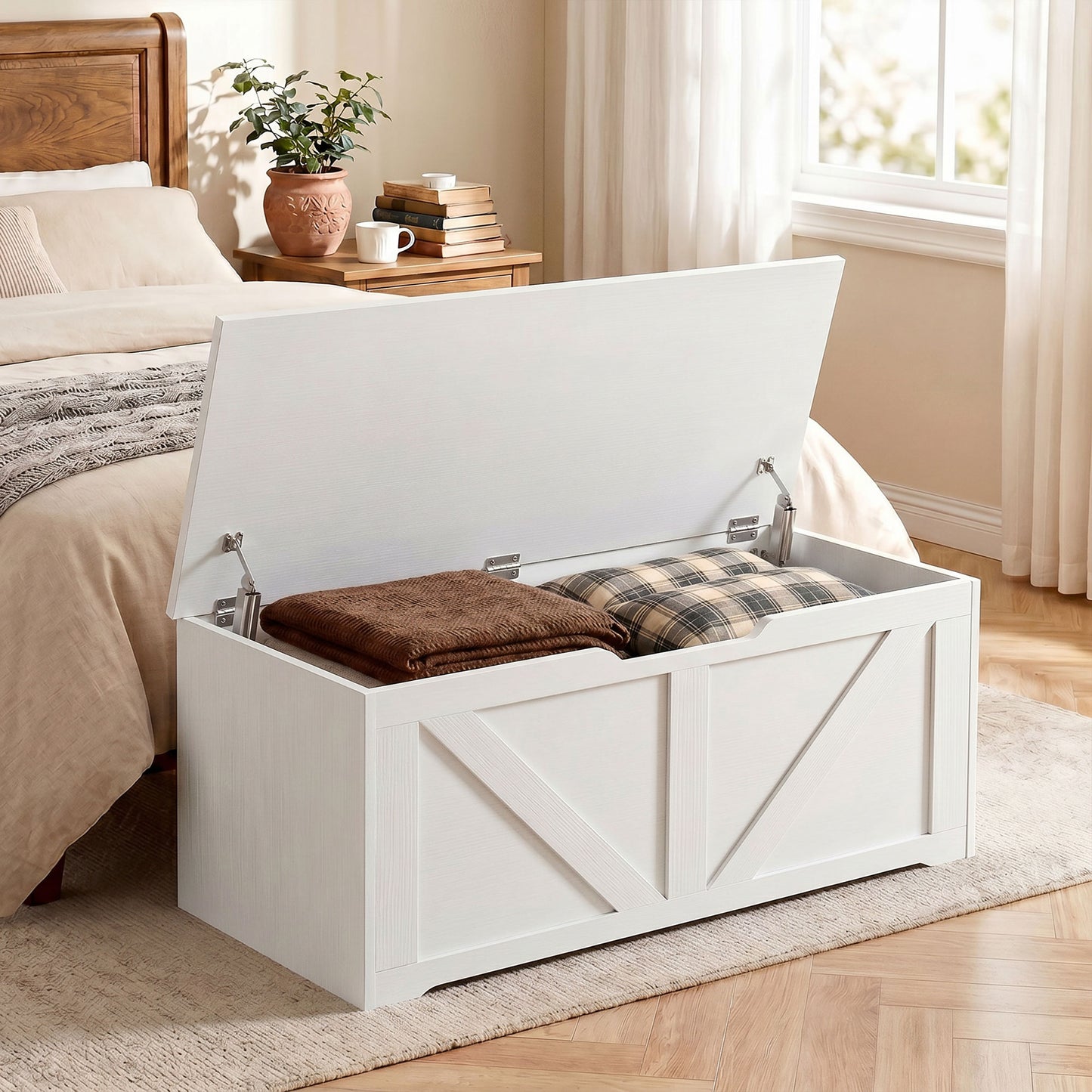 HOMCOM 127L Home Storage Trunk With Safety Hinges White Wood Effect Spacious Blanket Box And Seat