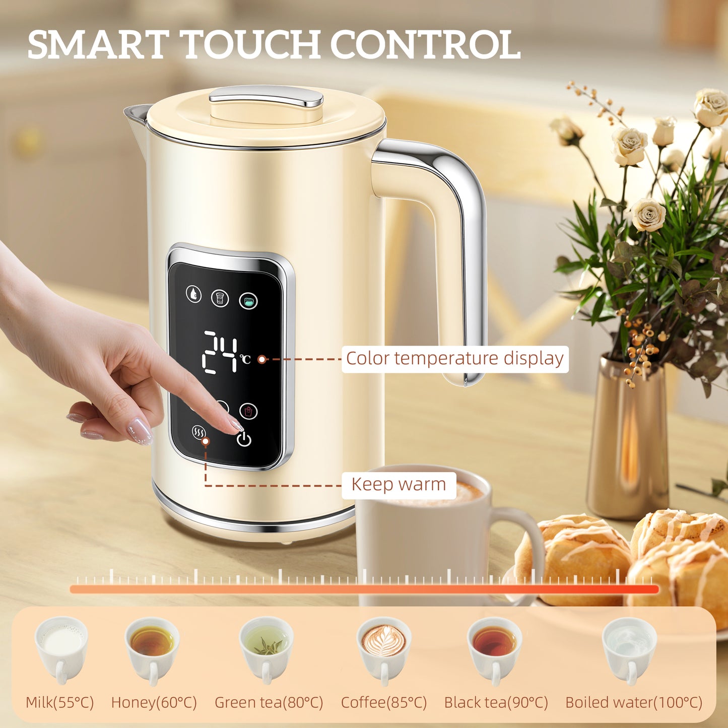 HOMCOM Touch Screen Kettle And Toaster Set Cream With 3000W Power 1.7L Capacity Six Temperature Presets And Keep Warm