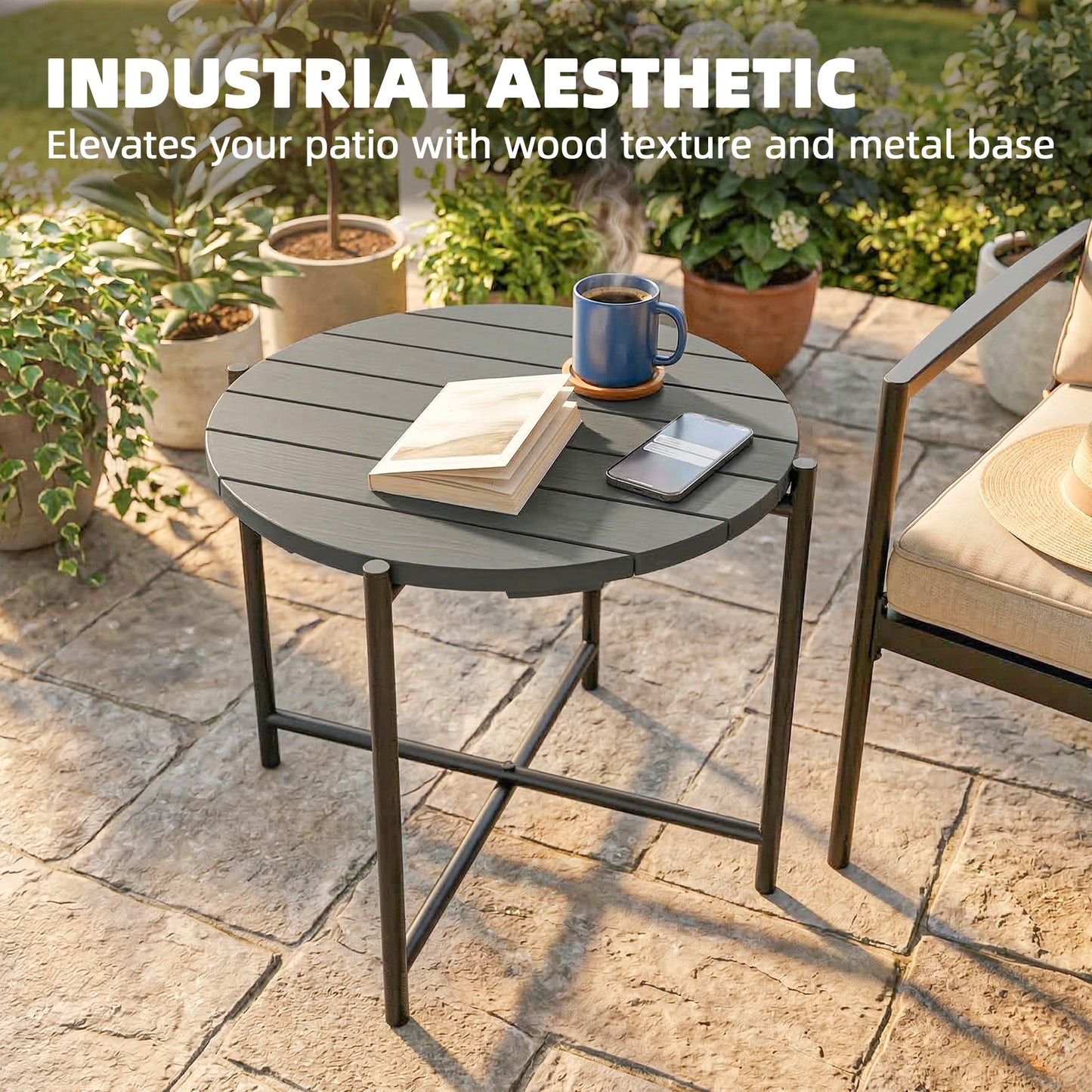 Outsunny 54 Cm Round Outdoor Side Table With Slatted Wood Top And Industrial Metal Frame Dark Grey