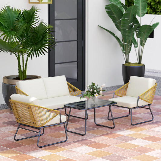 Outsunny Four Piece Rattan Outdoor Sofa Set With Coffee Table Natural Finish For Patio Powder Coated Steel Frame