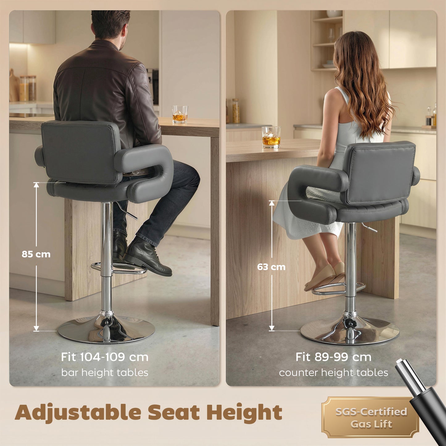 HOMCOM Adjustable Swivel Bar Stools With Backrest And Armrests In PU Leather Grey Set Of 2