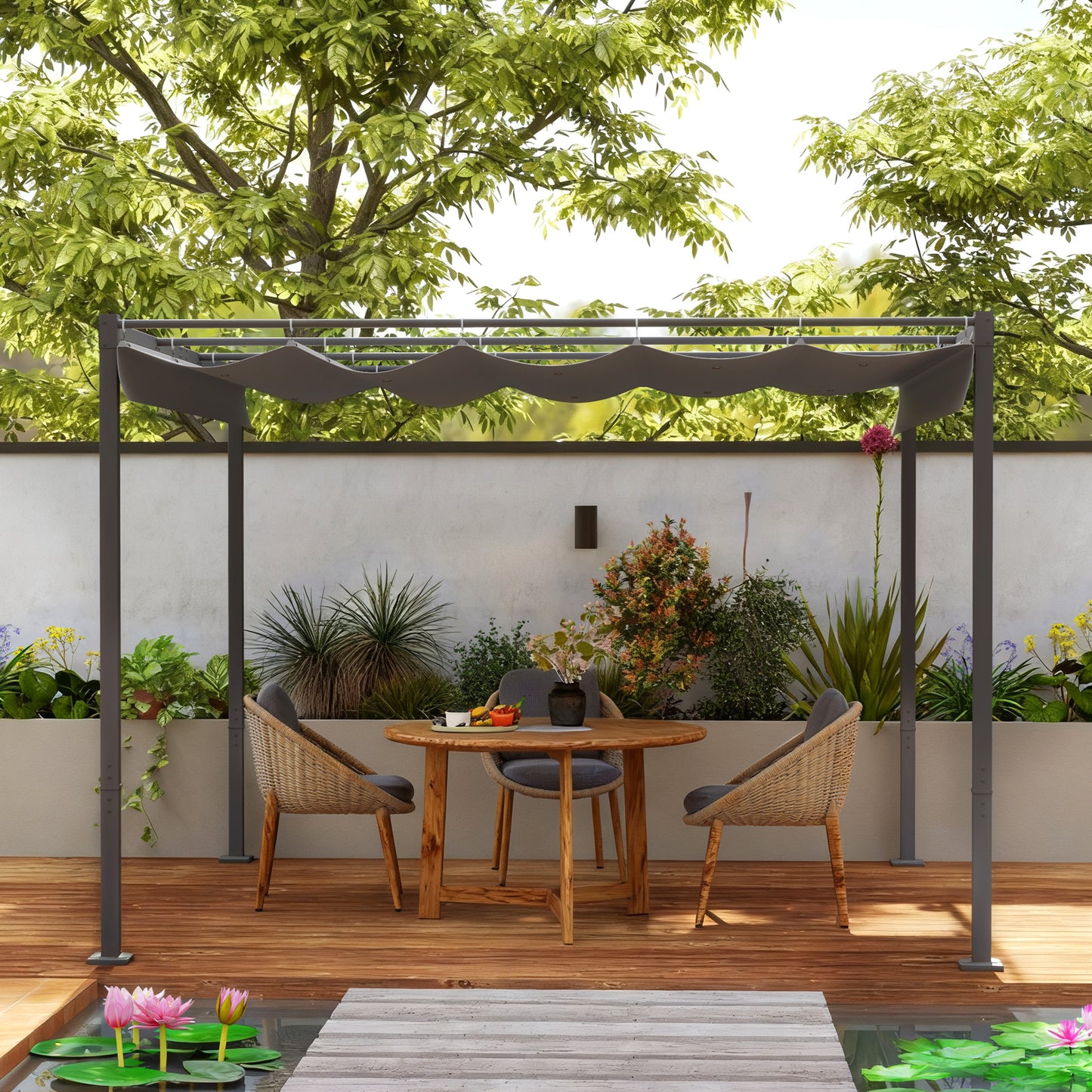 Outsunny 3 x 3m Retractable Roof Metal Pergola Grey With Adjustable Canopy For Shaded Garden Relaxation