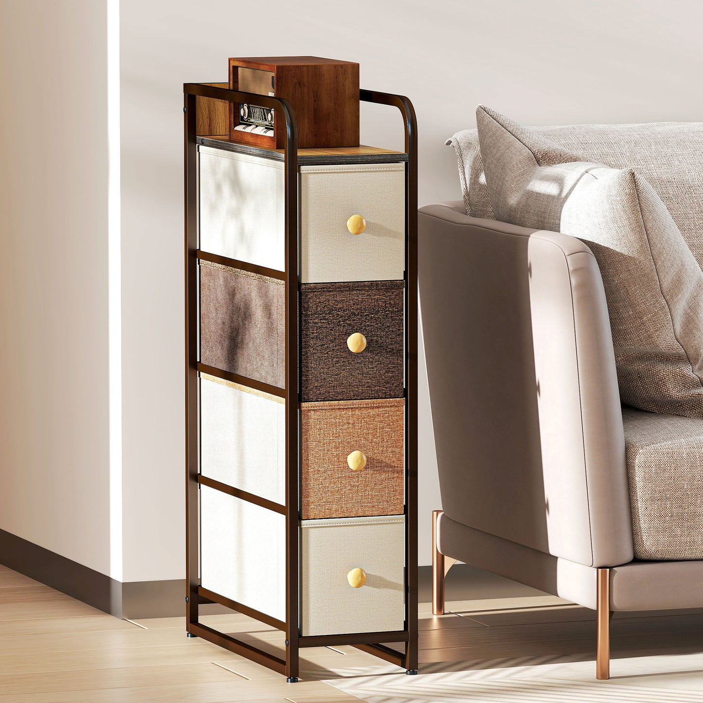 HOMCOM 4 Drawer Fabric Chest Of Drawers With Steel Frame Slim 20 Cm Wide Storage Organizer For Bedroom And Living Room
