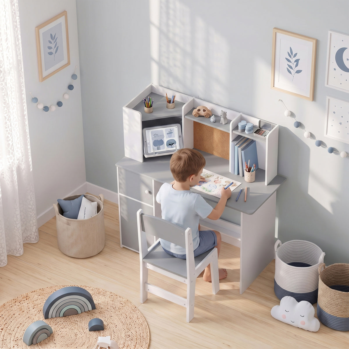 AIYAPLAY Grey Kids Desk and Chair Set With Storage and Adjustable Tablet Stand