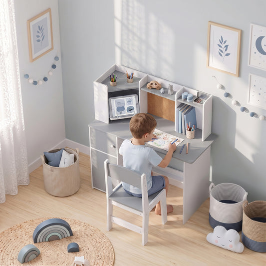 AIYAPLAY Grey Kids Desk and Chair Set With Storage and Adjustable Tablet Stand