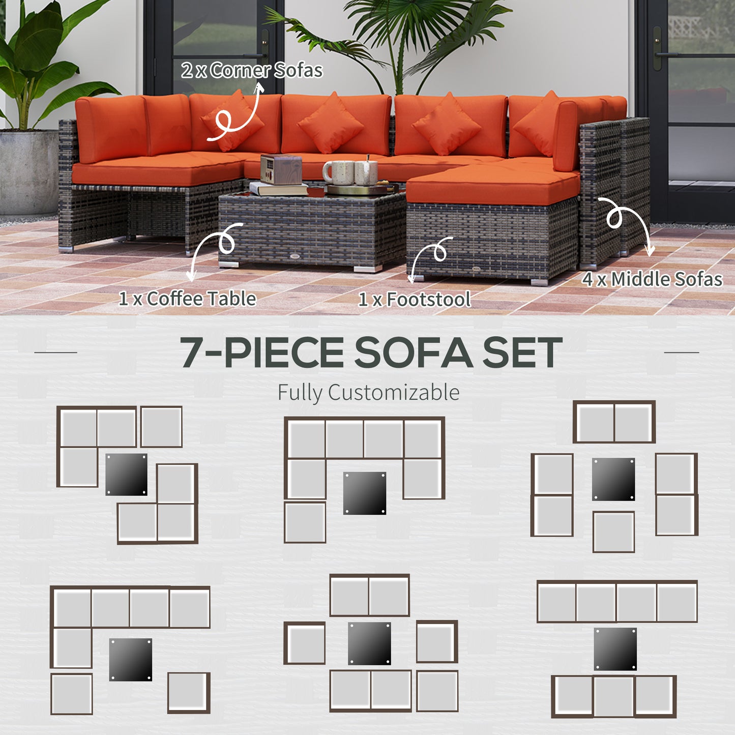 Outsunny Eight Piece Rattan Outdoor Corner Sofa Set Orange Grey With Steel Frame And Durable Wicker