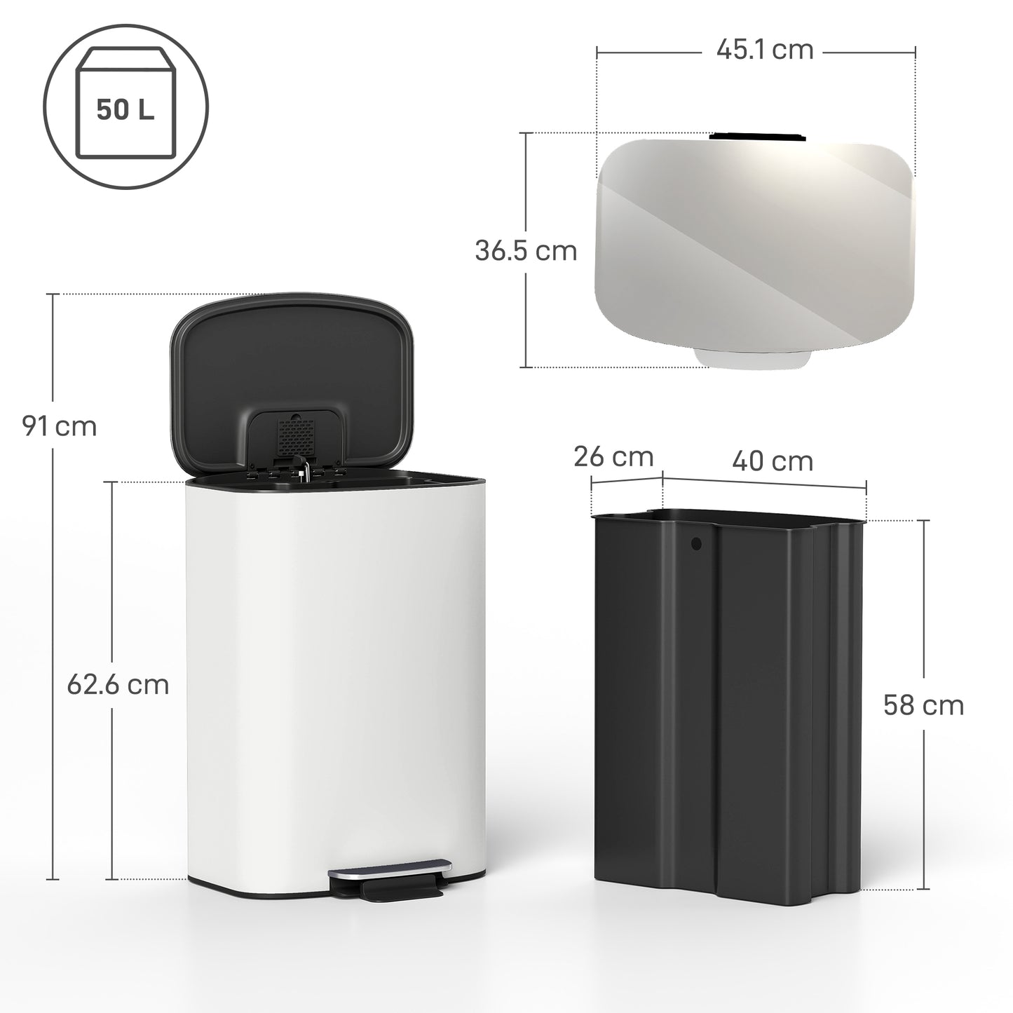 HOMCOM 50L Kitchen Bin With Soft Close Lid Stay Open Function Stainless Steel Pedal Bin Removable Inner Bucket Cream