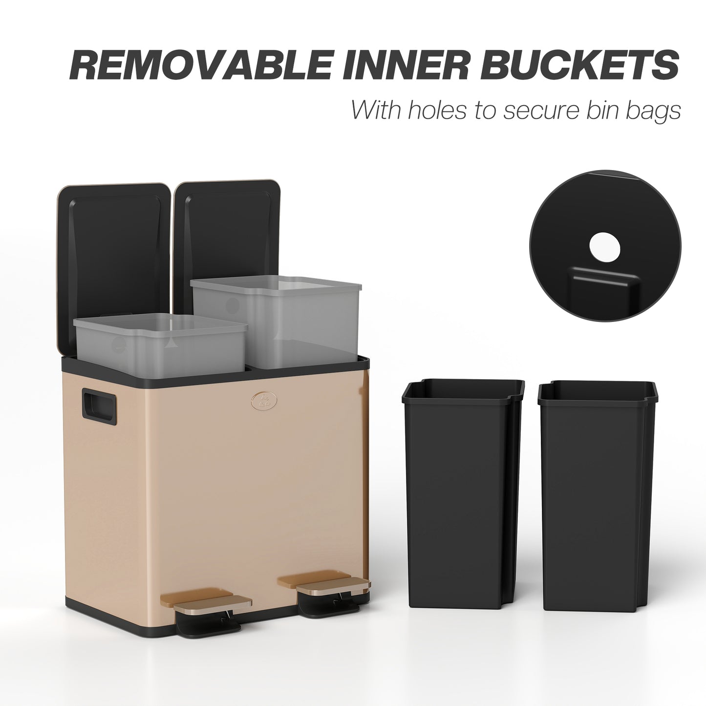 HOMCOM 30L Dual Compartments Stainless Steel Bin With Deodoriser Holders Gold Tone