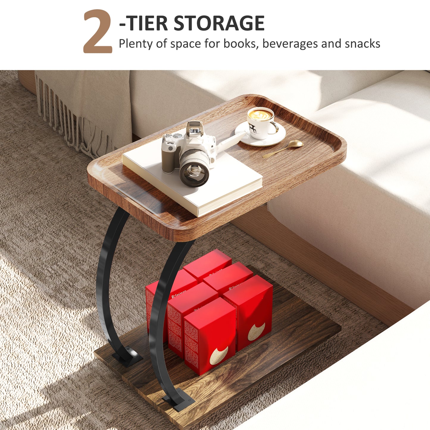HOMCOM 2 Tier Mobile C Shaped Side Table Brown With Tray Top And Two Tier Storage