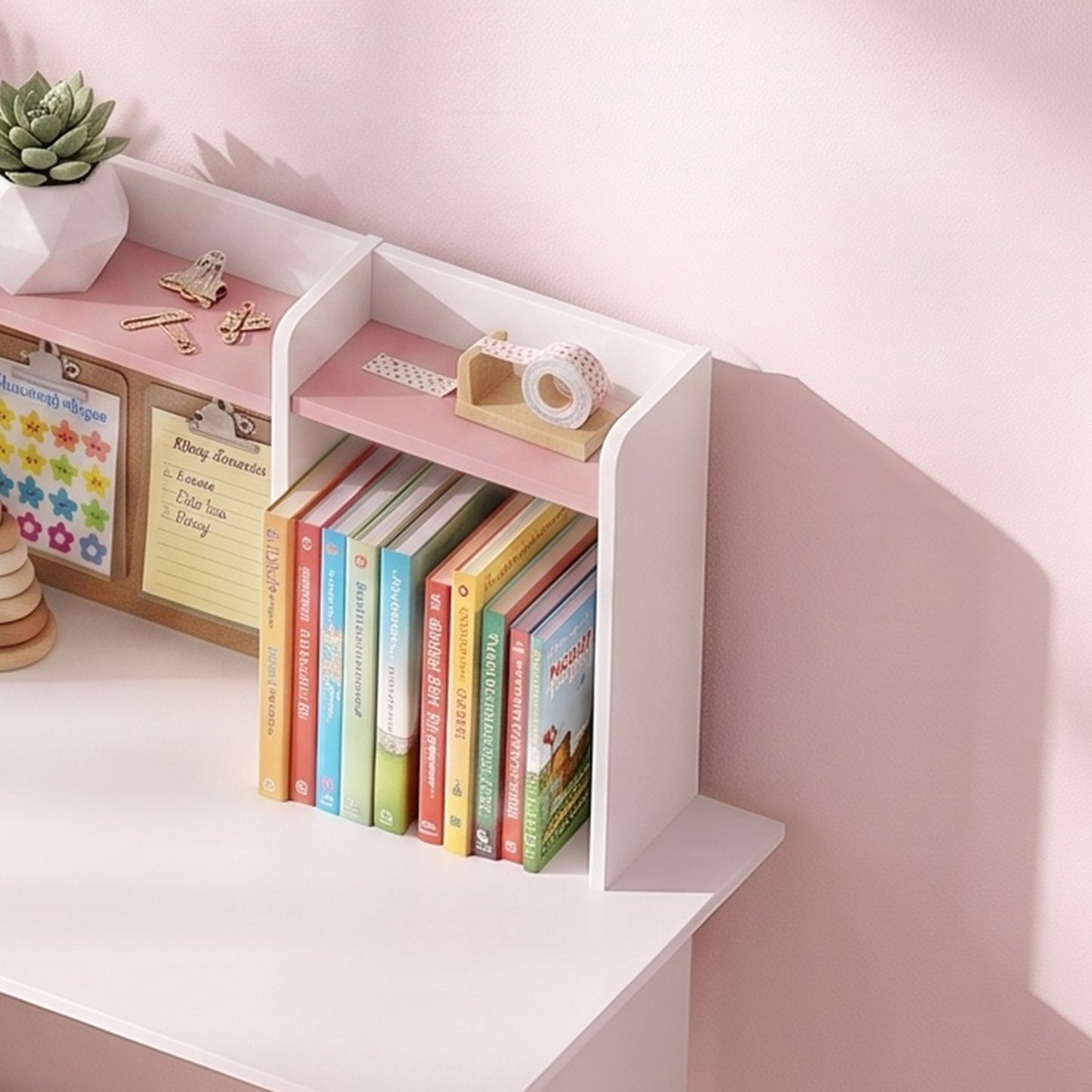 Pink Kids Desk and Chair Set with Adjustable Tablet Stand Storage Shelves