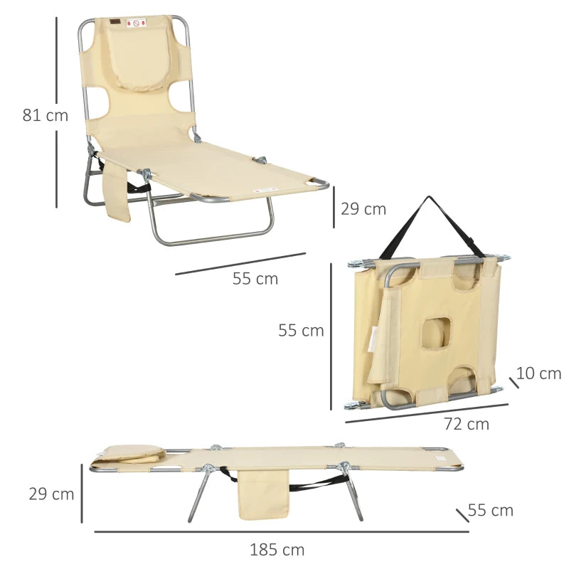 Outsunny Foldable Sun Lounger with Reading Hole, Arm Slots, 5-Position Adjustable Backrest, Side Pocket, Pillow - Beach Chaise Lounge for Patio, Garden, Pool - Beige - ALL4U RETAILER LTD