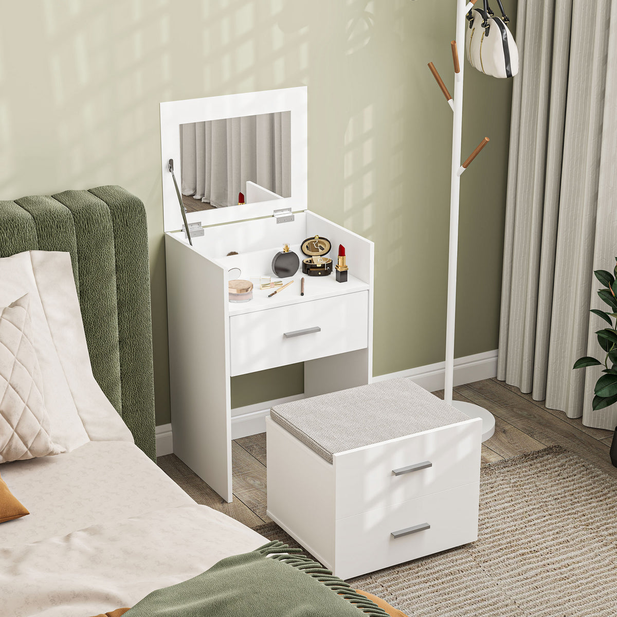 White vanity desk with flip-up mirror, two drawers, and padded storage stool.