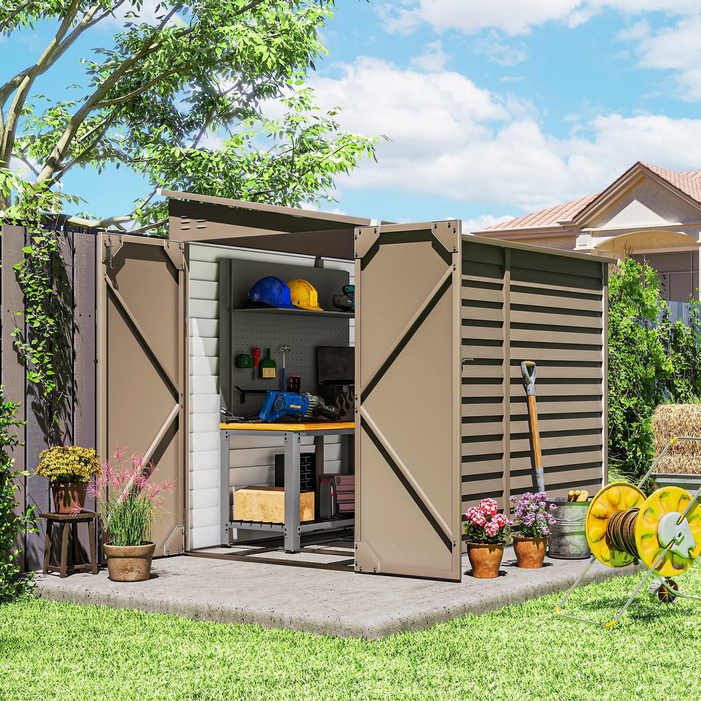 Outsunny 5 X 9Ft Galvanised Metal Garden Shed With Foundation Kit Lockable Doors And Air Vents Brown
