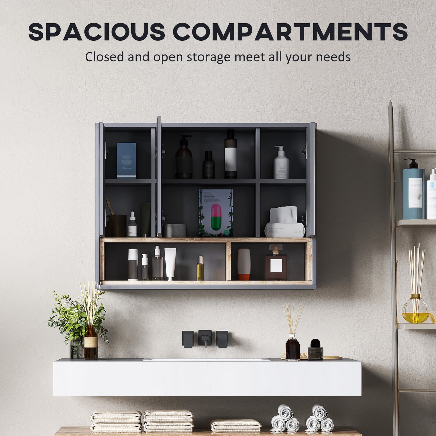 HOMCOM Wall Mounted Bathroom Mirror Cabinet With 3 Doors And Cupboards In Grey Modern Bathroom Storage Organizer