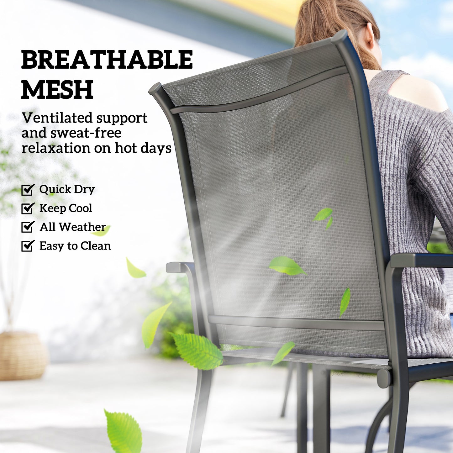 Outsunny 5 Piece Outdoor Dining Set for 4 With Table and Stackable Chairs Breathable Mesh Seats Parasol Hole Grey
