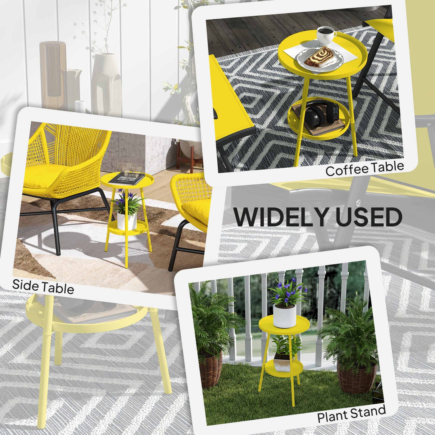 Outsunny Two Tier Metal Garden Table Yellow Indoor Outdoor Weather Resistant Patio Accent