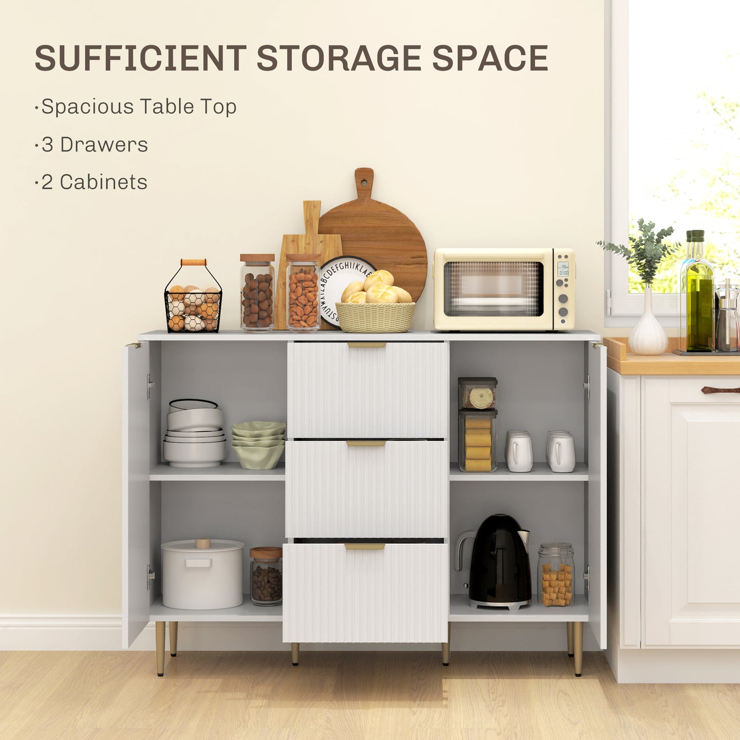 HOMCOM Two Door Sideboard With 3 Drawers And Adjustable Shelves White For Living Room And Kitchen Storage