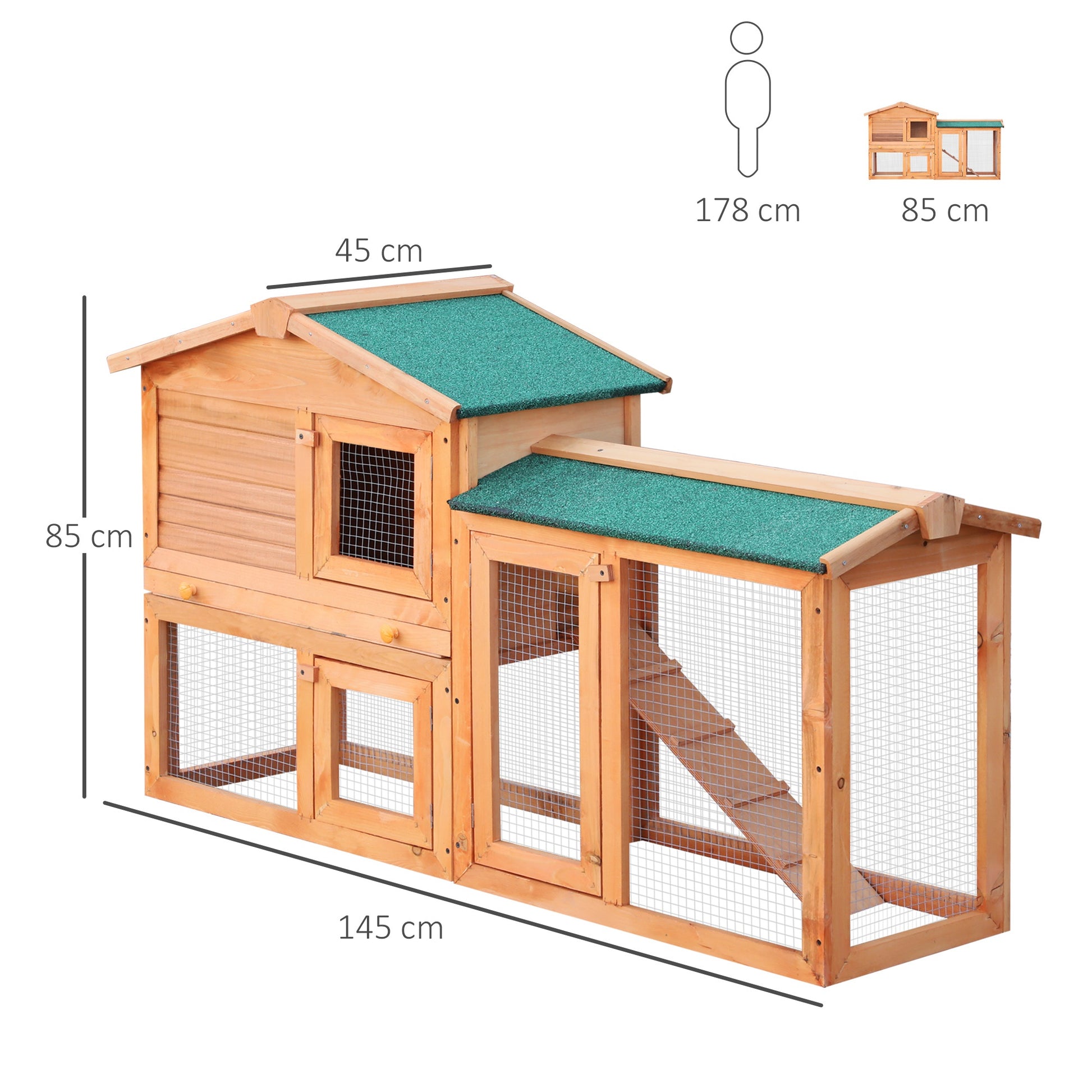 PawHut 2-Story Fir Wood Rabbit Hutch with Ramp and Outdoor Run - Brown - ALL4U RETAILER LTD