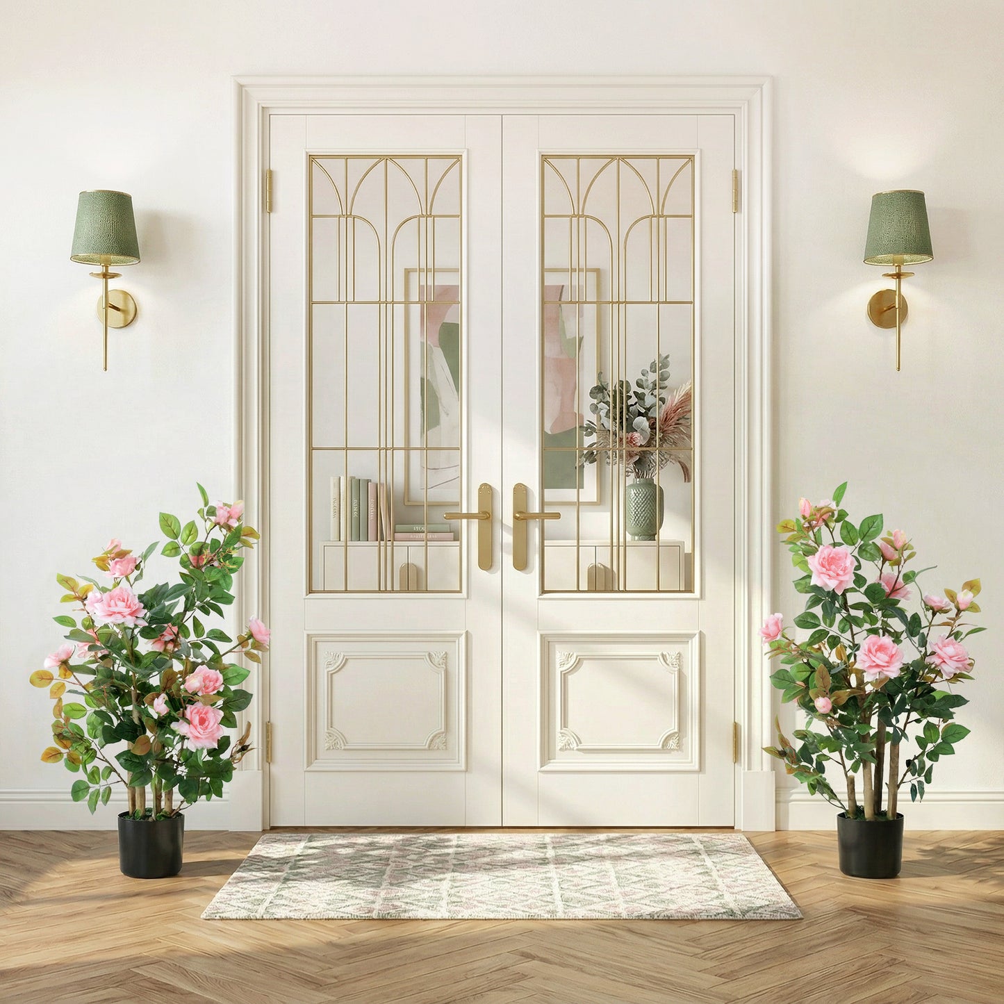 HOMCOM 90cm Artificial Rose Tree Set Of 2 With 344 Silk Leaves 17 Flowers Pink Indoor Outdoor Decor