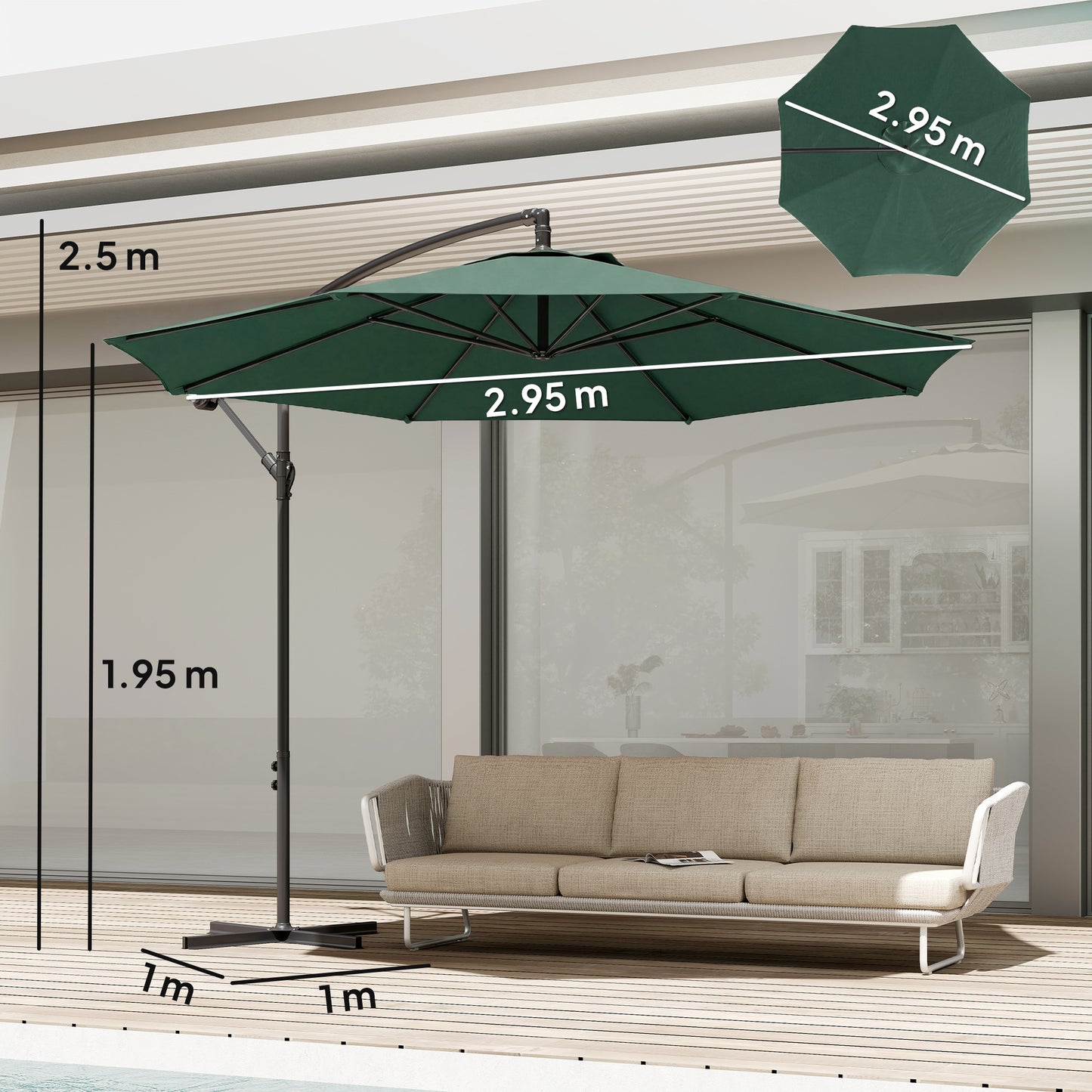 Outsunny 3 M Overhanging Cantilever Parasol With Cross Base Dark Green UV Resistant Outdoor Garden Shade