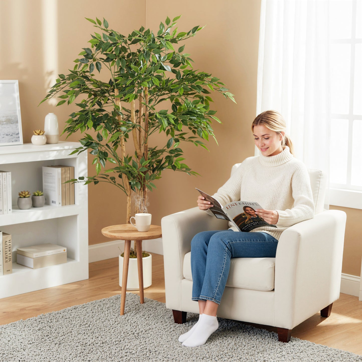 HOMCOM 150cm Artificial Ficus Tree With Solid Wood Trunk In White Pot For Indoor Decor Green Foliage