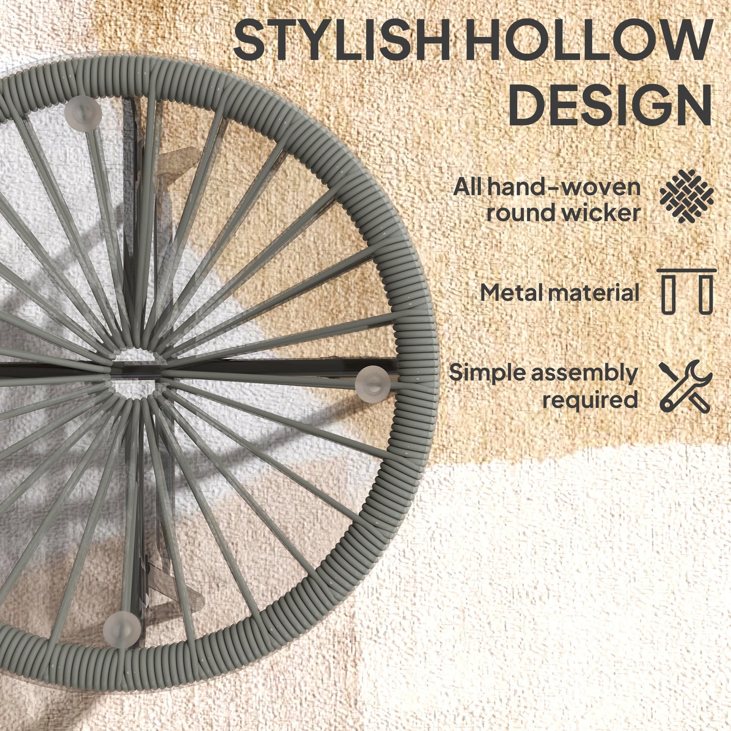 Outsunny Rattan Side Table Round Outdoor Coffee Table With PE Rattan And Tempered Glass Tabletop Light Grey