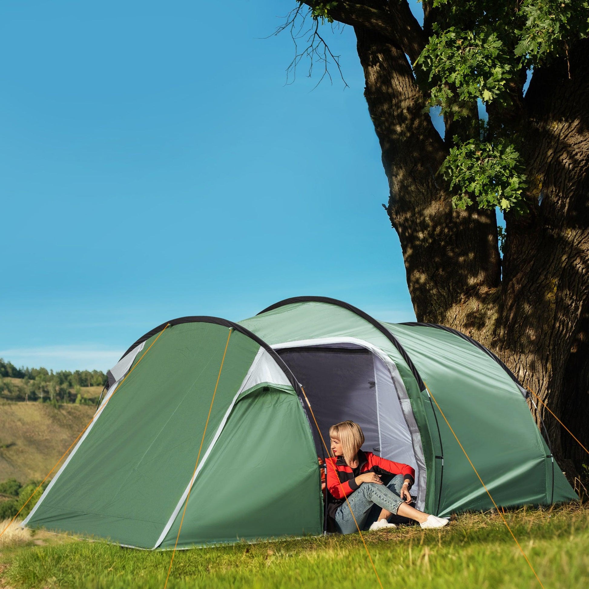 Outsunny Tunnel Tent, 2-3 Person Camping Tent with Sewn-in Groundsheet, Air Vents, Rainfly, 2000mm Water Column, Green - ALL4U RETAILER LTD