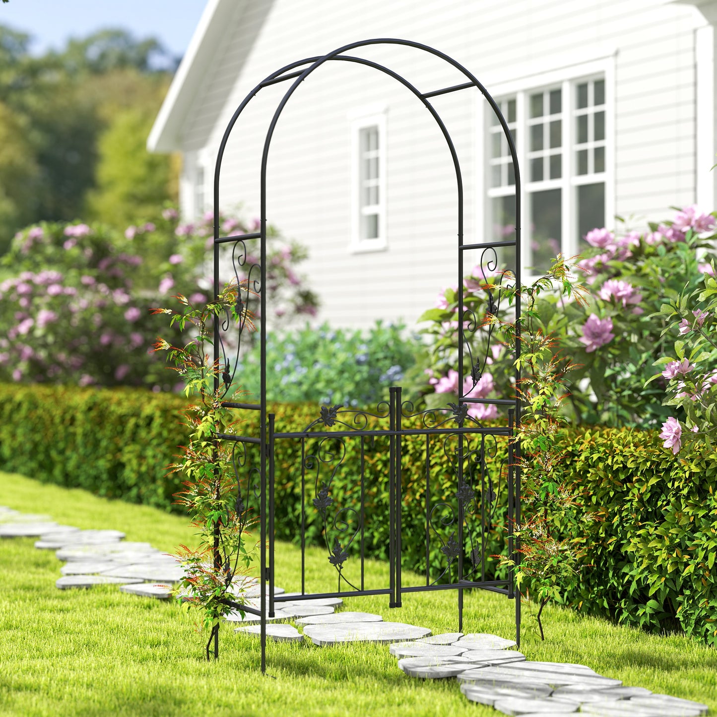 Outsunny 2.17m Steel Garden Arch With Gate Wedding Arch For Outdoor Garden 107W x 45D x 217H CM Black