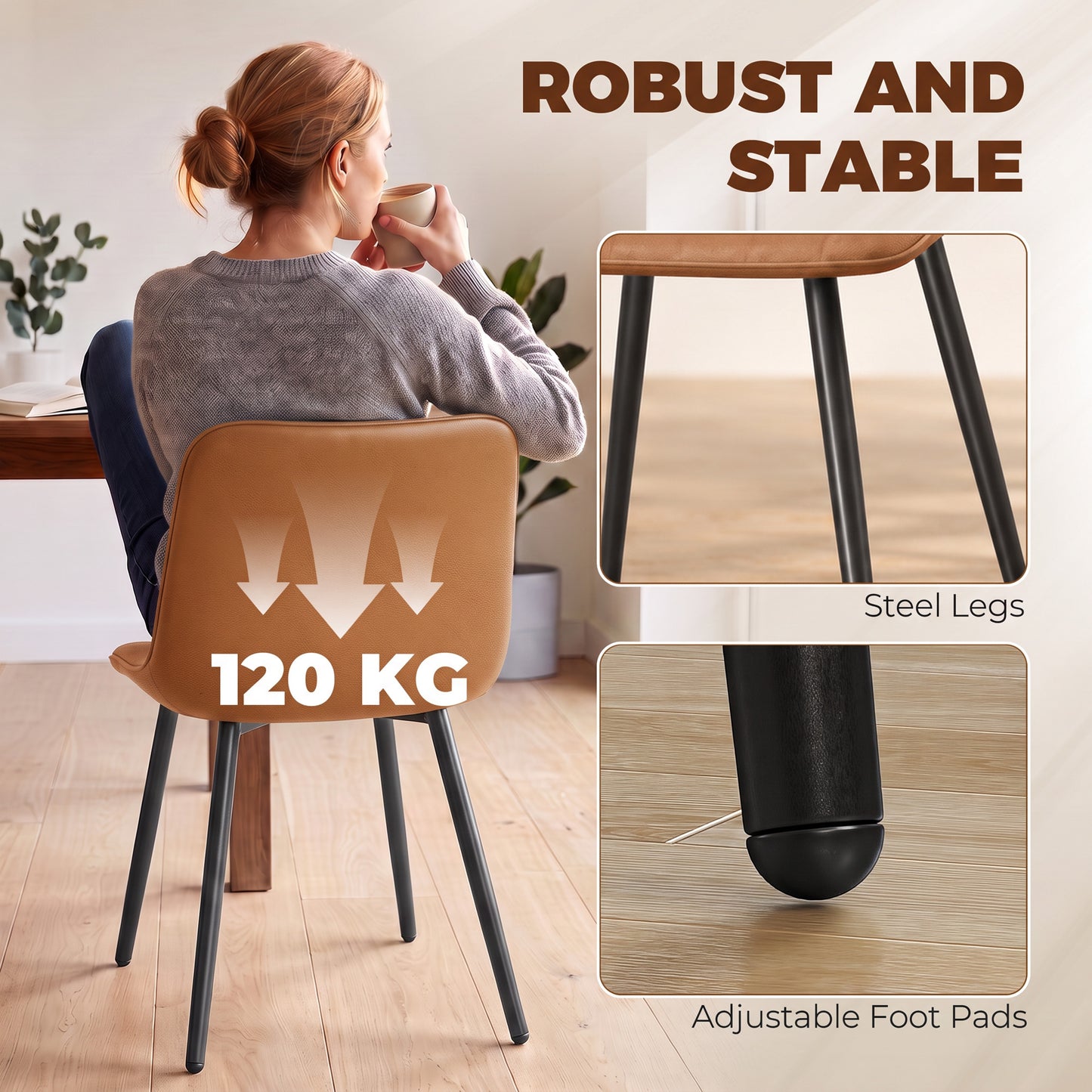 HOMCOM Faux Leather Dining Chairs Set Of 2 Comfortable Modern Kitchen Brown