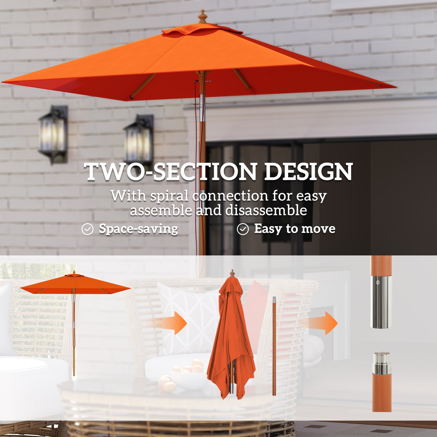 Outsunny 2m Tilting Wooden Pole Parasol Orange Canopy 180G Polyester Outdoor Sunshade For Patio Garden