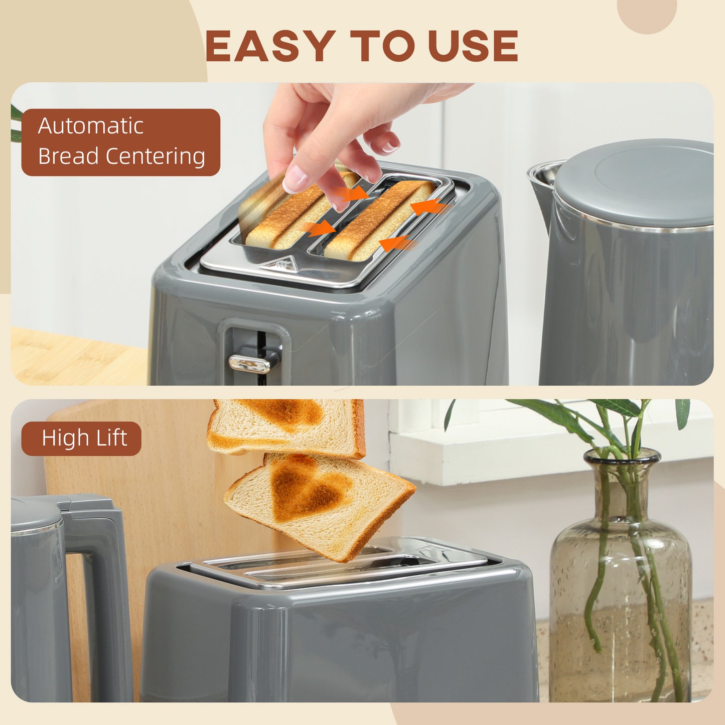 HOMCOM Digital Stainless Steel Kettle And Toaster Set 1.5L 3000W Boil Kettle And 2 Slice Toaster With 7 Browning Levels Grey
