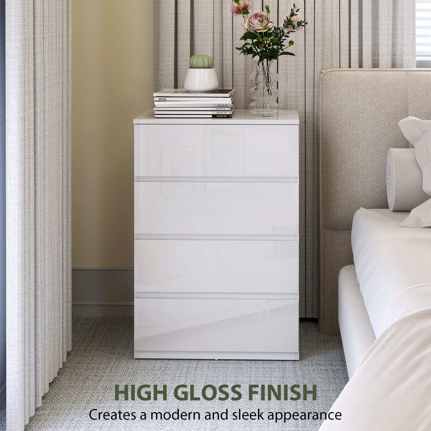 HOMCOM High Gloss Chest Of Drawers 4 Drawer Modern Dresser For Bedroom White Finish Durable And Space Saving