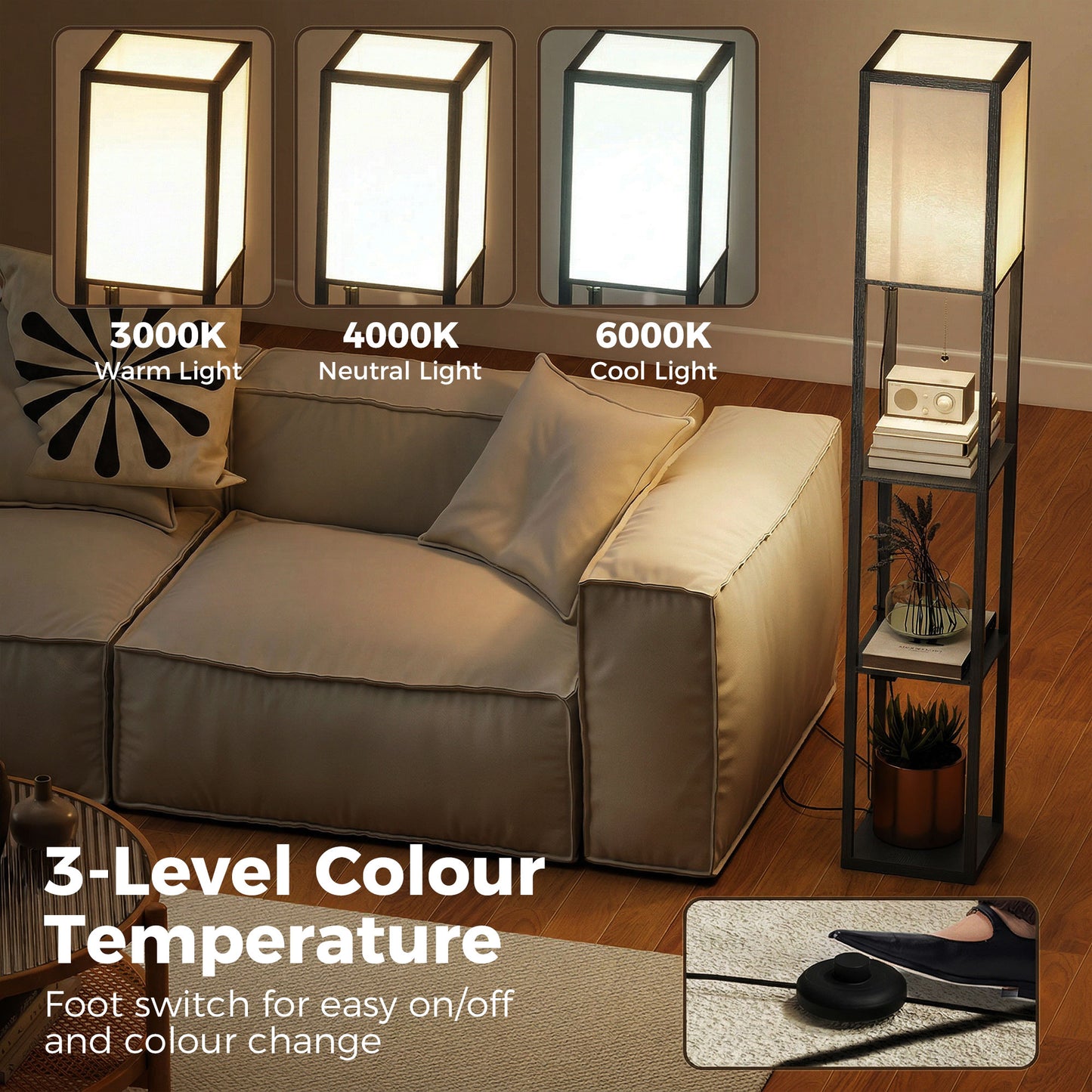 HOMCOM Three Tier Floor Lamp With Shelves For Living Room Bedroom Office Black Finish