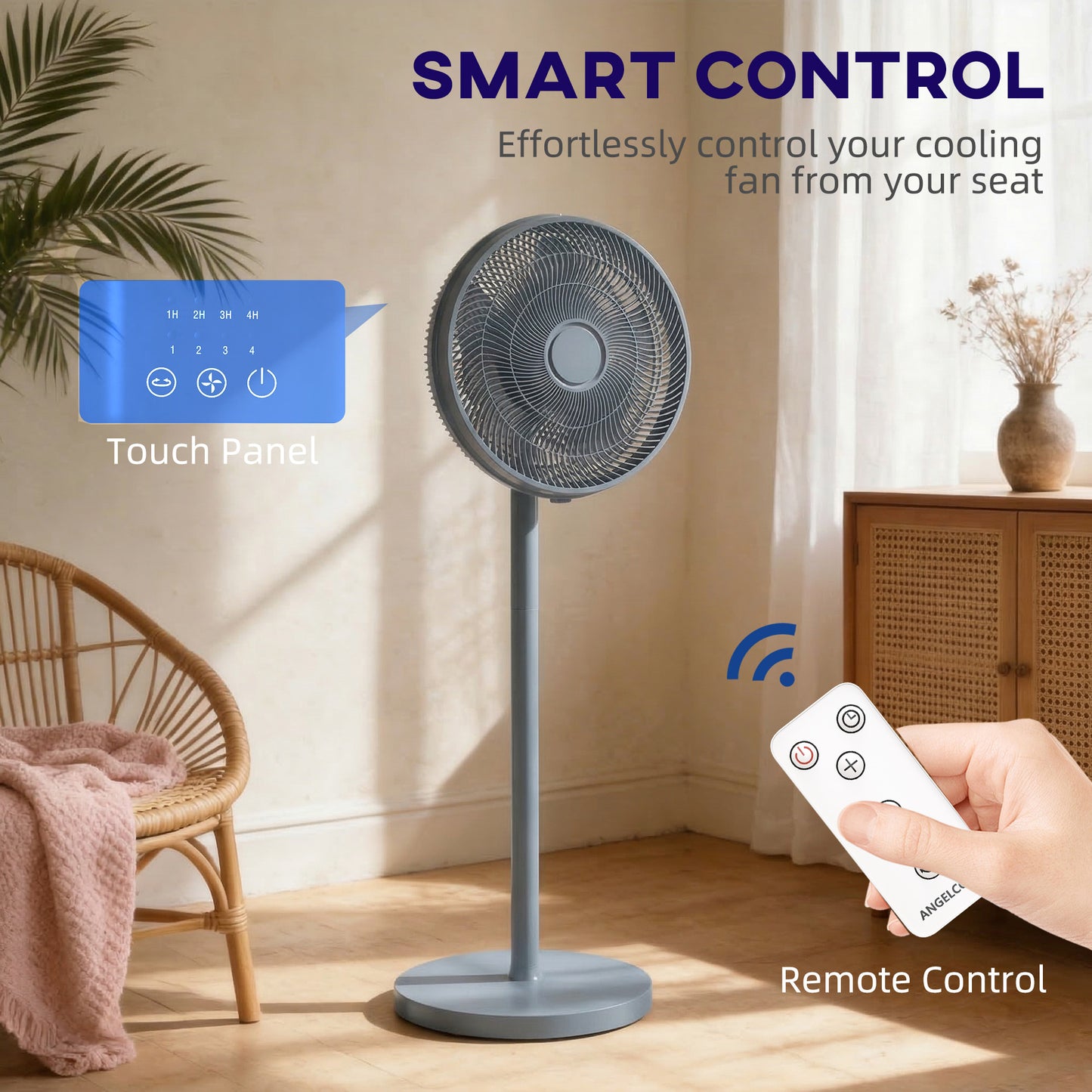 HOMCOM 40 cm Standing Fan With 80 Degree Oscillation Adjustable Tilt And Height 4 Speeds Remote Control Grey