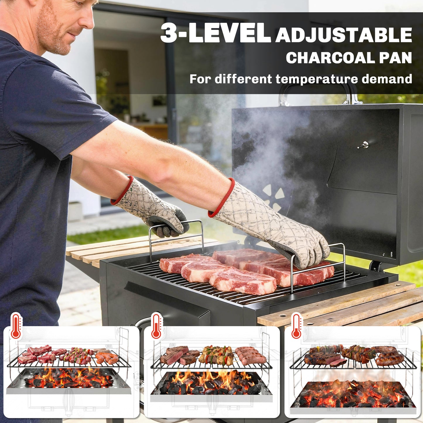 Outsunny Charcoal BBQ Grill With Height Adjustable Charcoal Pan And Warming Rack 3 Shelves Temp Gauge And Wheels