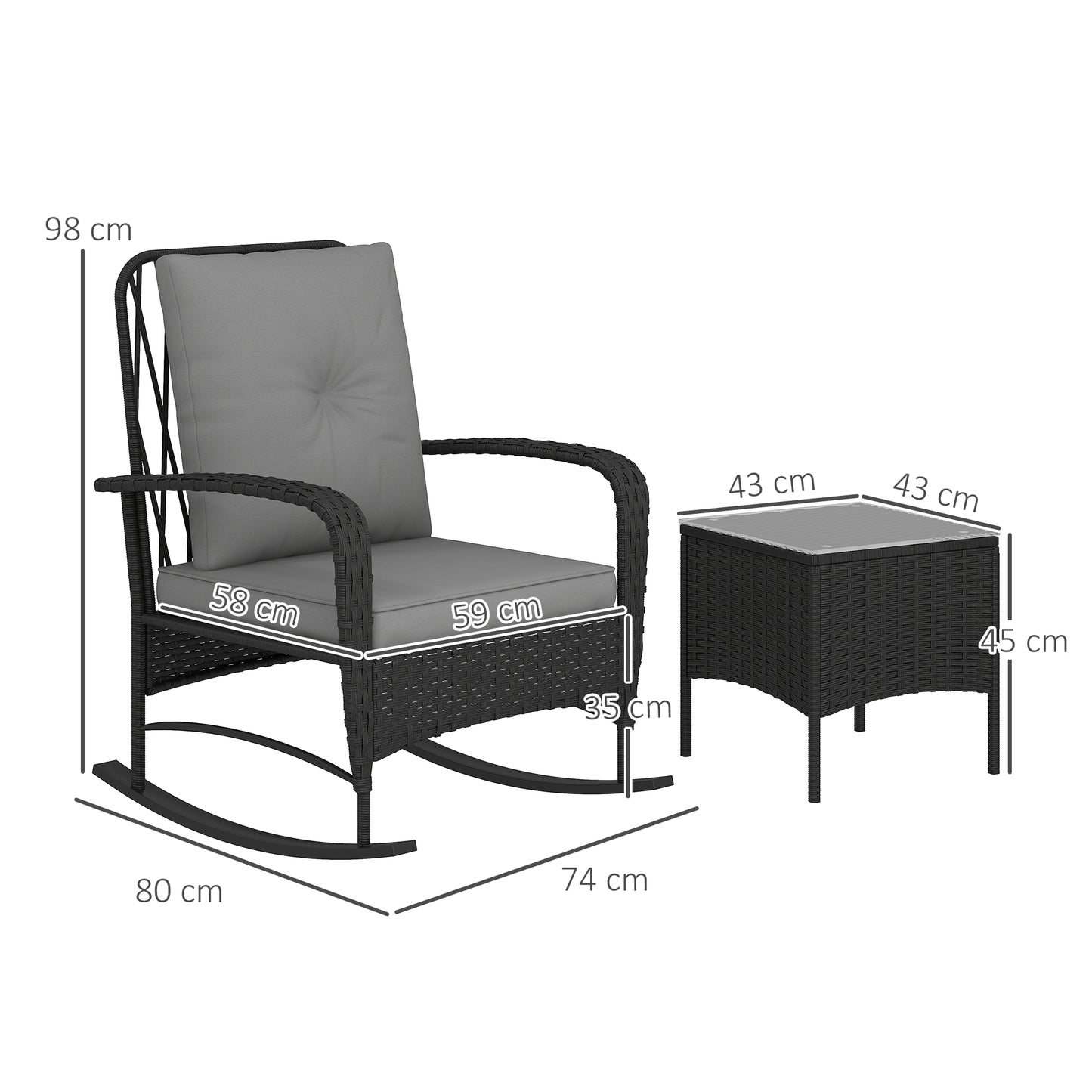 Outsunny Three Piece Rattan Bistro Set With Glass Top Table Two Rocking Chairs Black