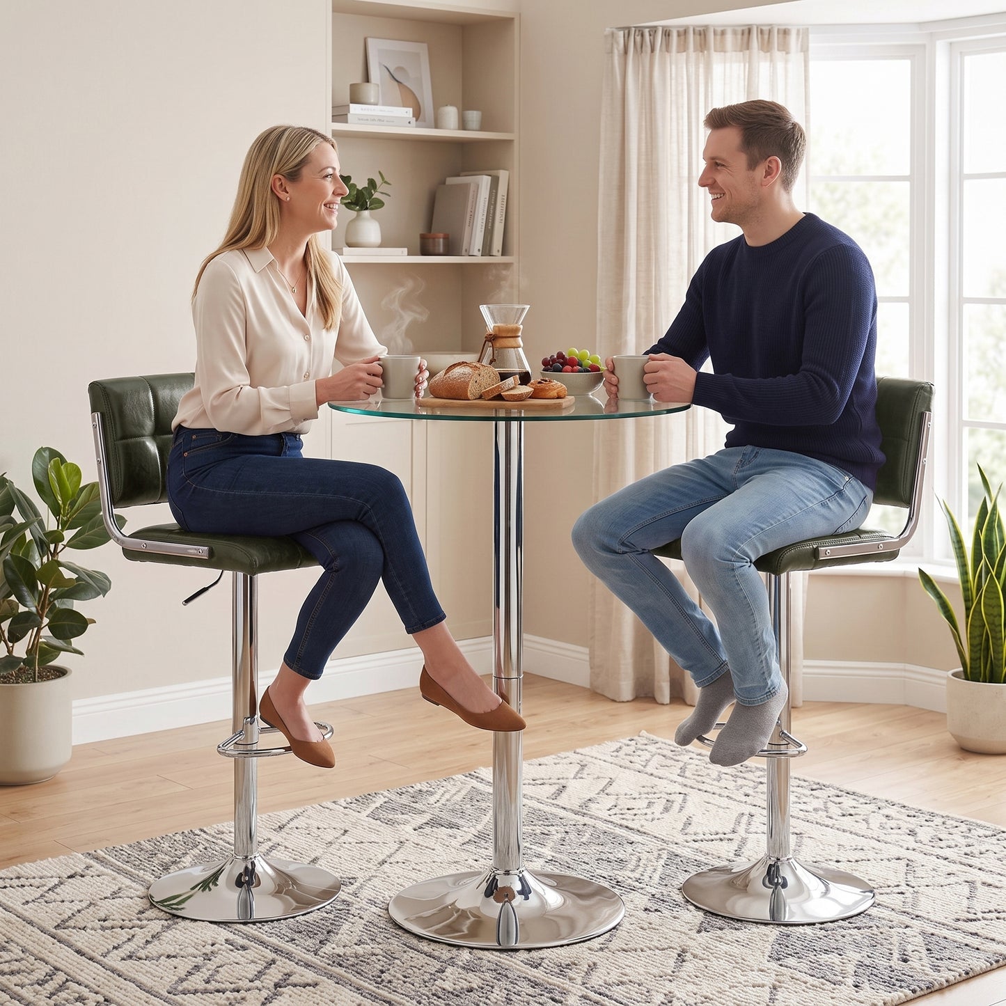 Green PU leather bar stools with backrests, chrome bases, and round footrests