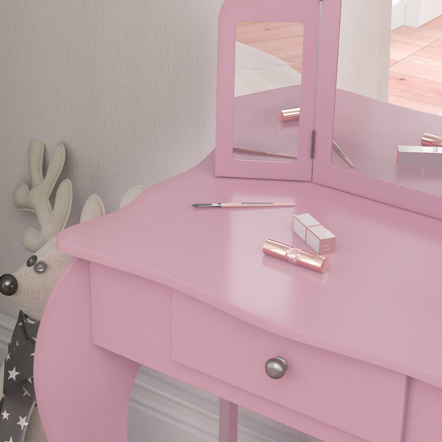 HOMCOM Kids Vanity Table And Chair Set With Tri Folding Mirror Pink Makeup Dressing Table With Drawer